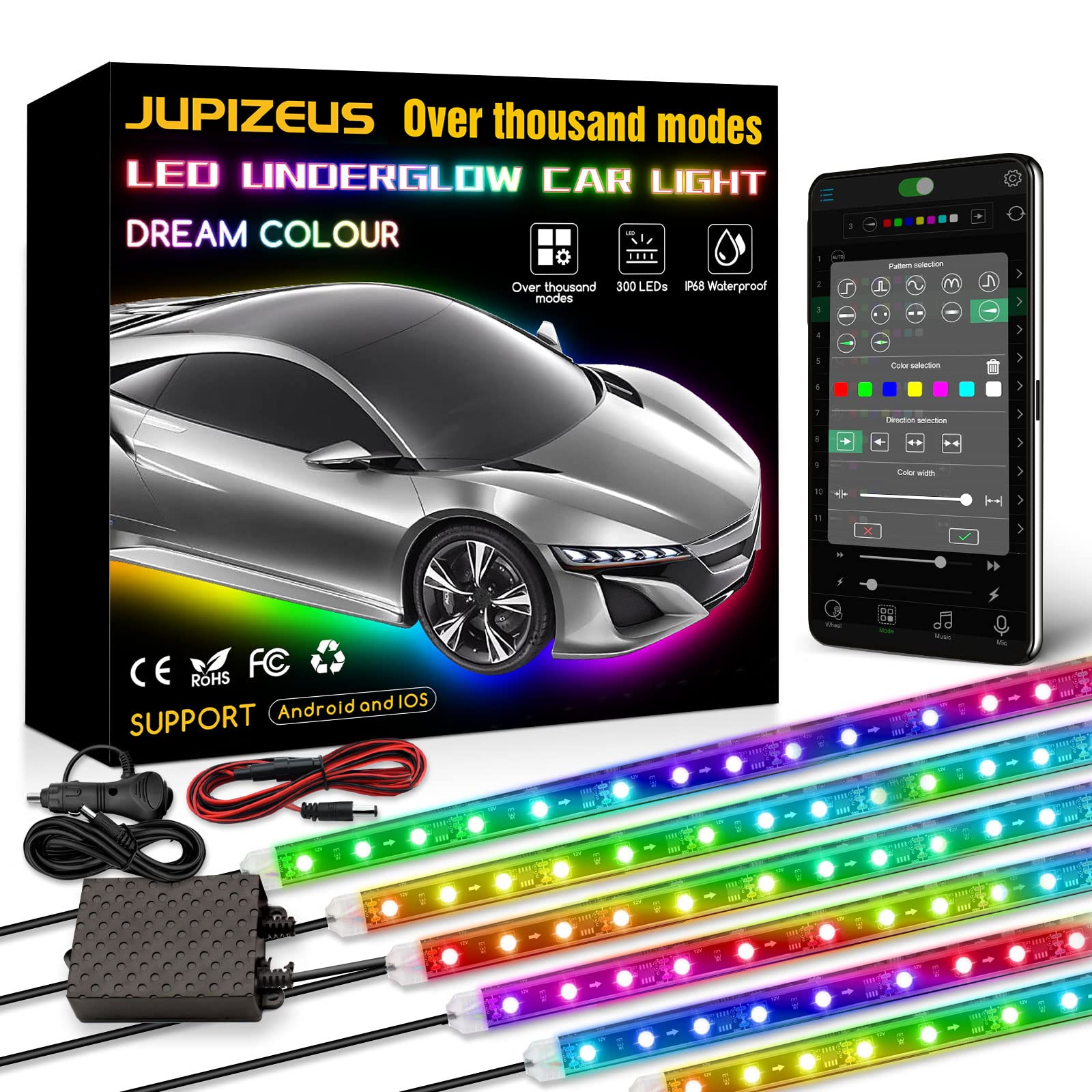 Jupizeus Car Underglow Led Light, Music Sync, Over 1000 Diy Modes, Ip68 Waterproof,300 Leds, Rgb 16 Million Colors Dream Color C